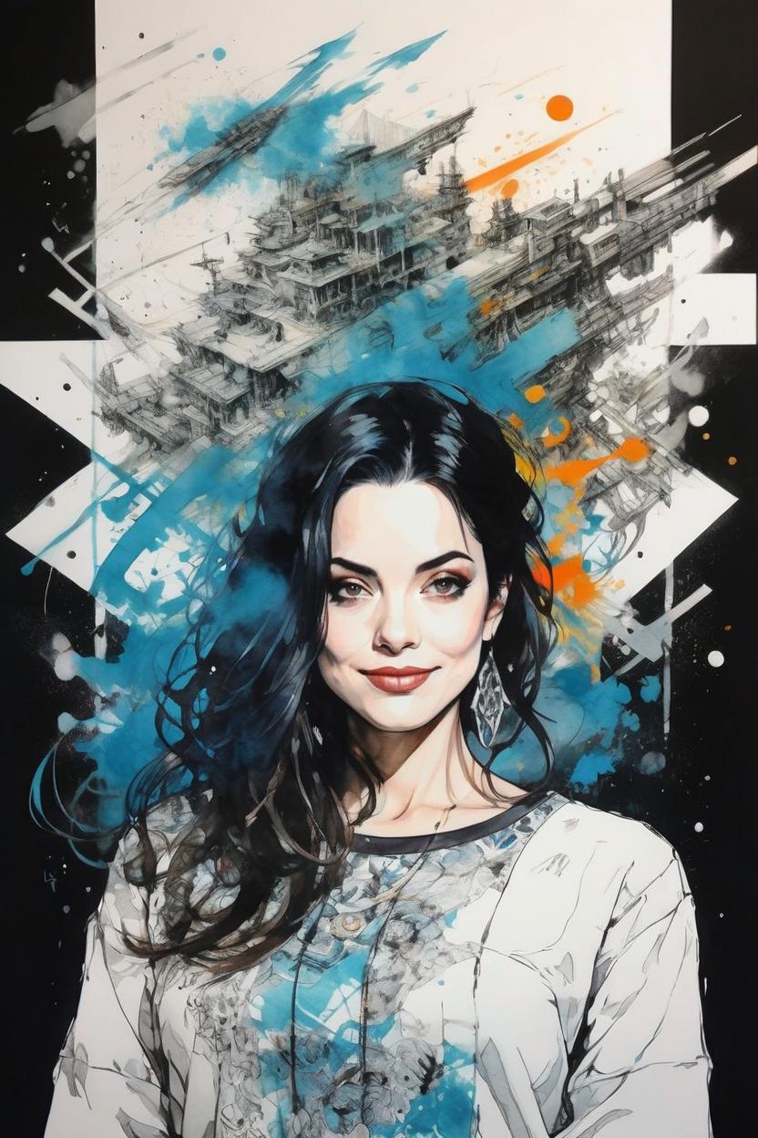 Artificial Intelligence (AI) generated image art, handsome portrait of beautiful female woman, (leave space above head), (coloured ink drawing), ((art by yoji shinkawa))
