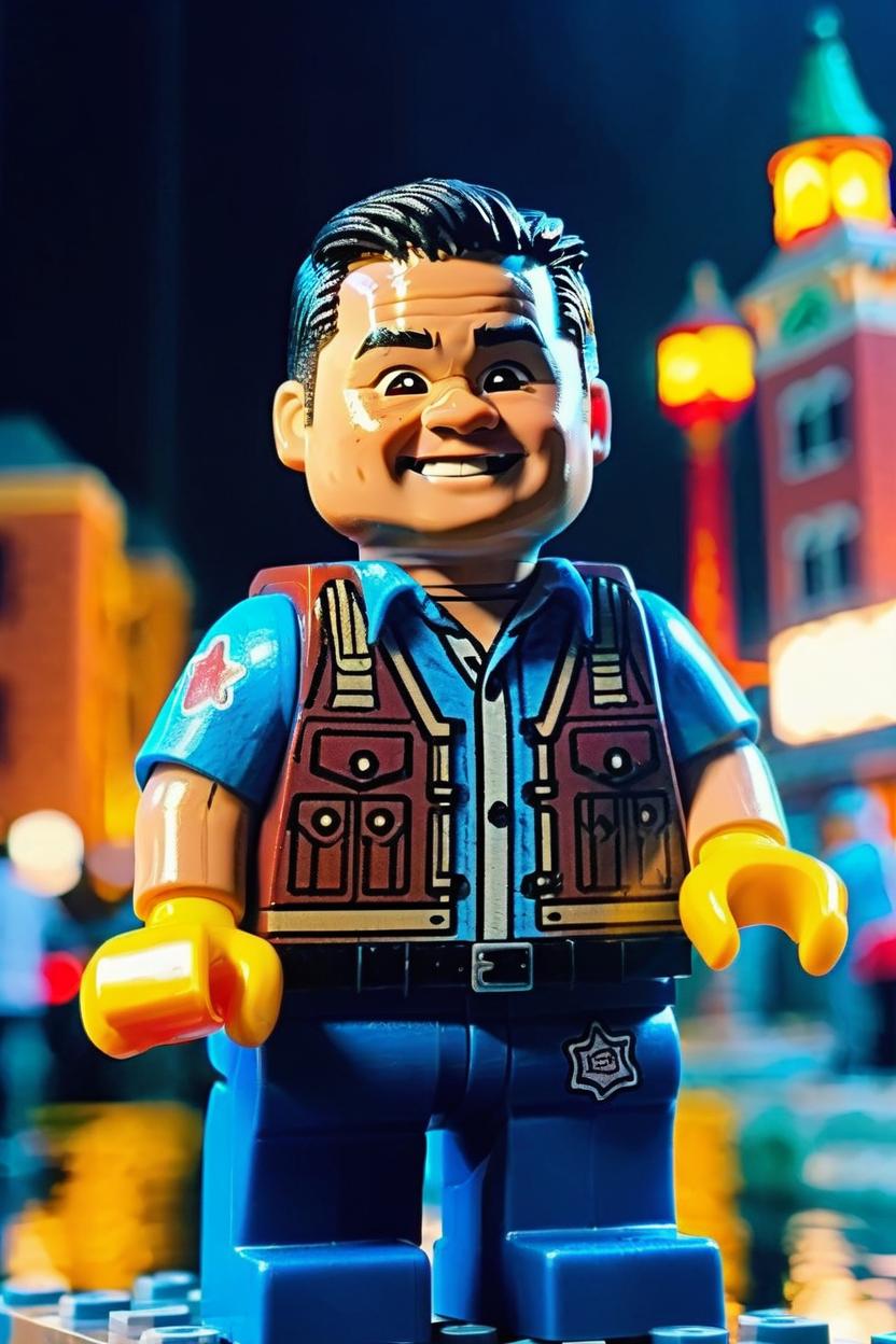 Artificial Intelligence (AI) generated image art, (((man))), as a Lego figurine, hyper realistic, 8k, Lego city in the background, Bricksburg, dramatic lighting, vignette, timmy smiling