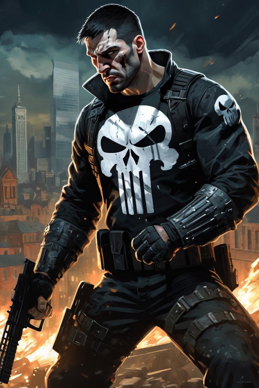 Artificial Intelligence (AI) generated image art, man, as the punisher, fighting in an intense battle, angry, diffuse lighting, intricate, elegant, highly detailed, digital painting, artstation, illustration, concept art, smooth, sharp focus, art by john collier and albert aublet and krenz cushart and artem demura and alphonse mucha, night time, city in background, tactical