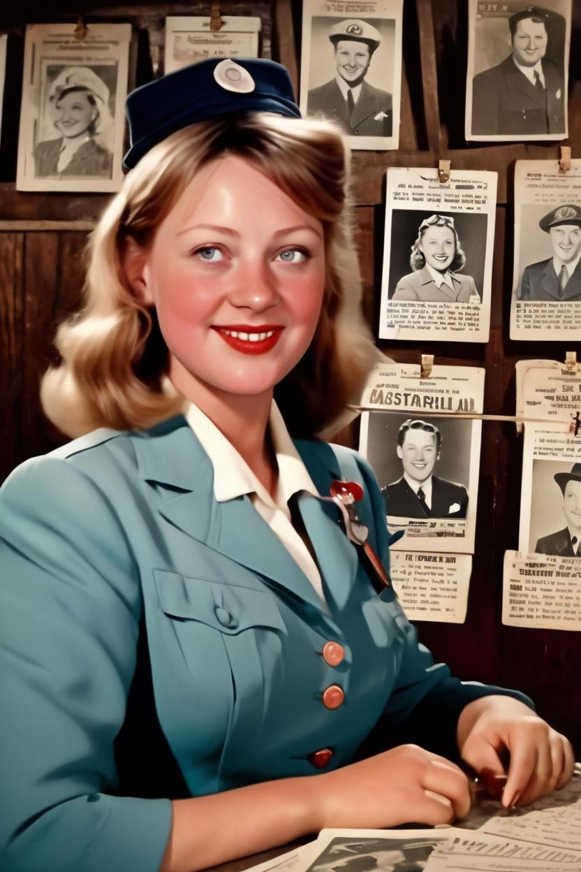 Artificial Intelligence (AI) generated image art, woman, as a 40's stewardesse with memoralia from the 40s