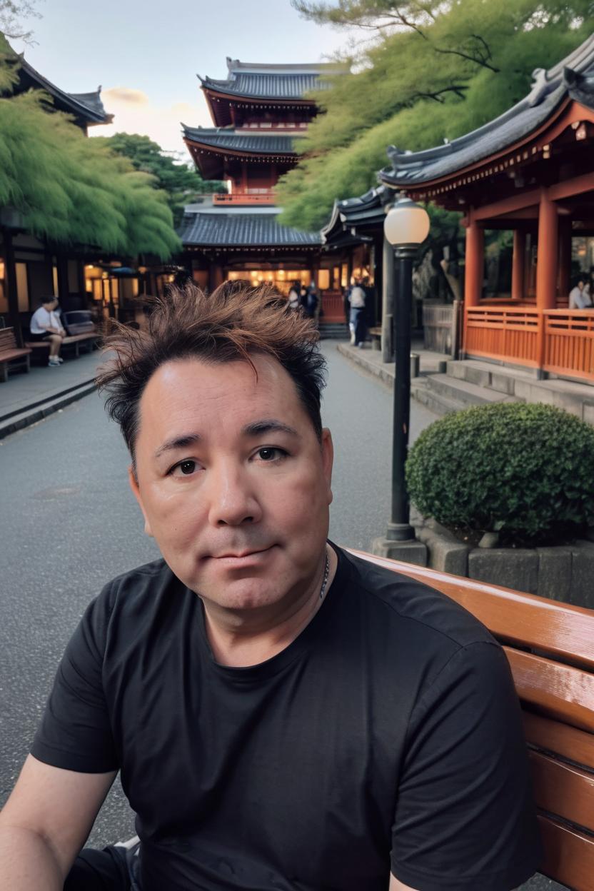 Artificial Intelligence (AI) generated image art, man, Taking a selfie, Portrait, sitting on a bench, Kyoto city, Kyoto setting, Portrait, realistic cinematic scene, wearing Alexander McQueen\\\'s Women\\\'s Hybrid Mini Dress in Black, ginger long layered wolf haircut, dark brown eyes, sad smiling pouty lips, ginger hair with black Ombre, curtain fringe bangs, lmobster setting, Dimly lit, Mysterious and seductive atmosphere, Detailed and realistic body proportions, Dramatic Lighting, detailed facial features, In the style of Martin Scorsese, full body image, Hyperrealistic, full body shot of showing detailed intricate work, Oscar-winning photography, meticulous attention, stunning costume design, smooth natural skin, full body photo, mole on right cheek, ultrarealistic, shot in the style of Wes Anderson