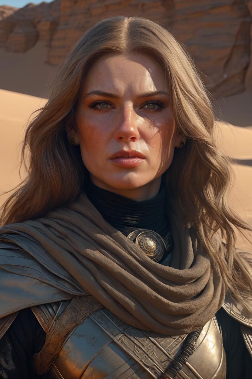 Artificial Intelligence (AI) generated image art, woman, stunning portrait, character from Dune by Frank Herbert, Fremen, on Arrakis, epic scene, hyperrealistic, 4k