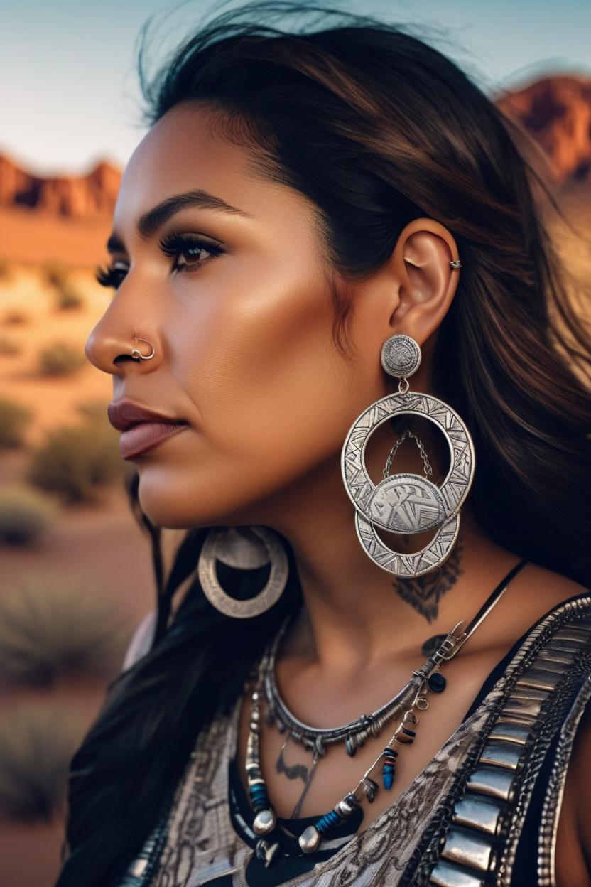 Artificial Intelligence (AI) generated image art, (wifey) photorealistic, photograph style, desert southwest united states background, real life skin, silver hoop earrings, intricate, highly detailed, sharp focus, cinematic lighting, desert southwest united states background, contrast, intricate