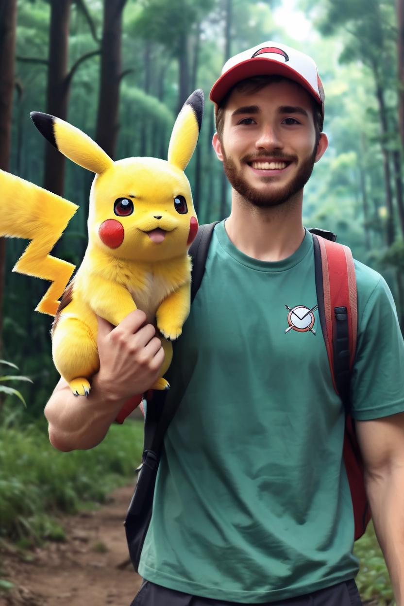 Artificial Intelligence (AI) generated image art, man, as a pokemon trainer, travelling through a forest, holding his pokemon Pikachu with one arm, looking excited, ((anime art)), ((art by artgerm))