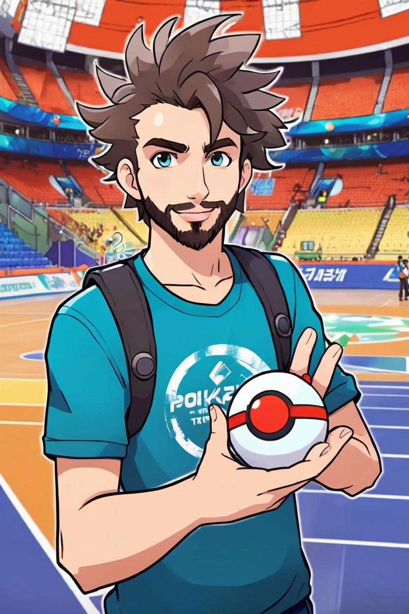 Artificial Intelligence (AI) generated image art, man, as a handsome Pokemon trainer, in the anime Pokemon, ((anime art)), ((in style of Pokemon anime)), ((2D art)), looking confident, holding a pokeball his hand, standing in the middle of Pokemon battle arena