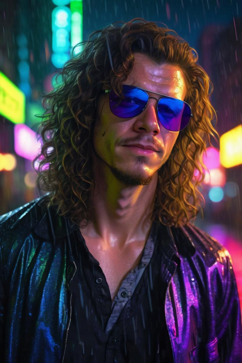 Artificial Intelligence (AI) generated image art, man, night portrait, shoulder length naturally curly hair, raining, city lights streaked in background, neon yellow,pink,green,purple,blue,red luminance in background ((dark lighting)), (urban background), photorealistic, cinematic, highly detailed, sharp focus (((75 kilogram))), (((fit body))), (((healthy)) (( 31 years old)) wearing round sunglasses and a black unbuttoned shirt, exhaling red smoke, highly detailed, UHD, 8K, Ghost in the shell, Blade Runner, Trending on artstation, bokh, dof