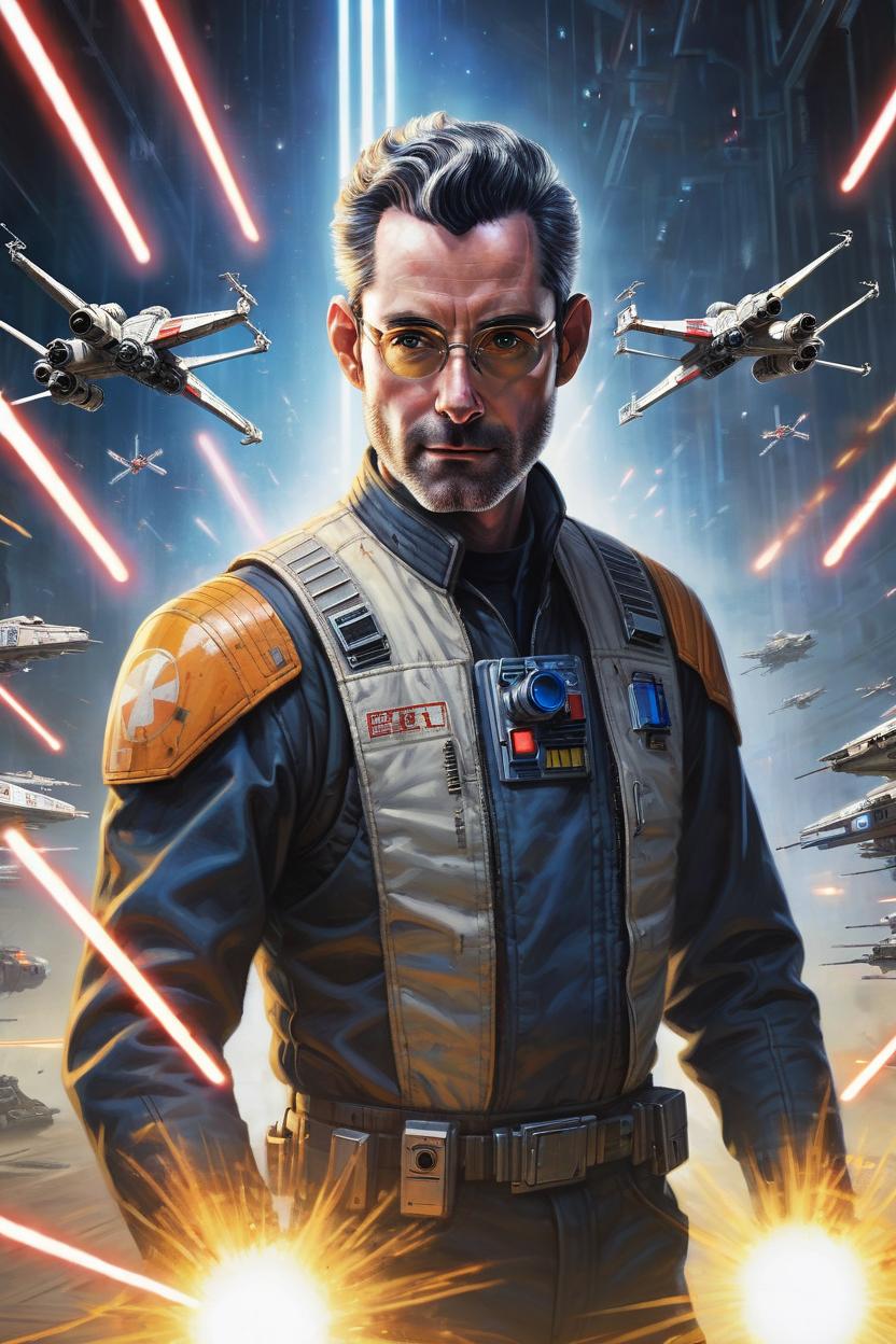 Artificial Intelligence (AI) generated image art, man (glowing smooth face), x-wing flighter, R2D2, rebel hanger, battle, laser blasts determined eyes, sci-fi, clibing into x-wing
