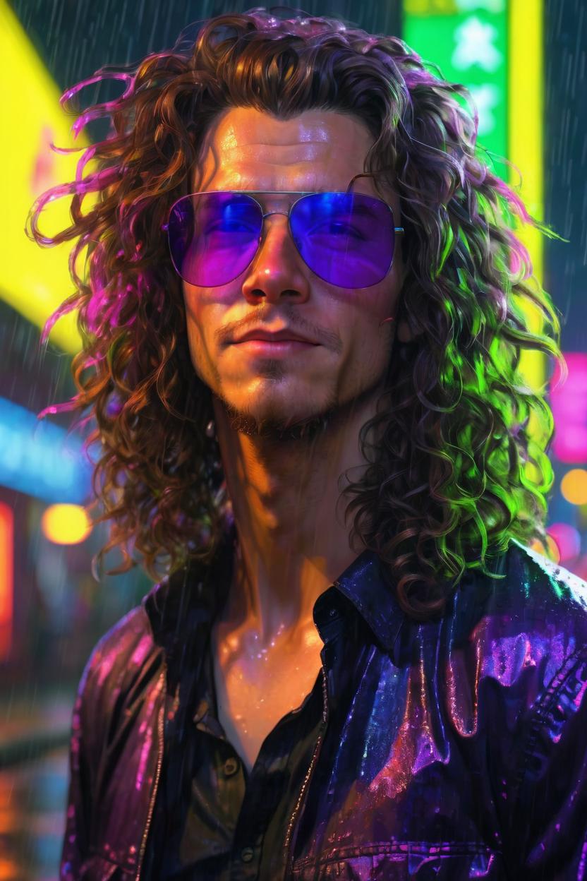 Artificial Intelligence (AI) generated image art, man, night portrait, shoulder length naturally curly hair, raining, city lights streaked in background, neon yellow,pink,green,purple,blue,red luminance in background ((dark lighting)), (urban background), photorealistic, cinematic, highly detailed, sharp focus (((75 kilogram))), (((fit body))), (((healthy)) (( 31 years old)) wearing round sunglasses and a black unbuttoned shirt, exhaling red smoke, highly detailed, UHD, 8K, Ghost in the shell, Blade Runner, Trending on artstation, bokh, dof
