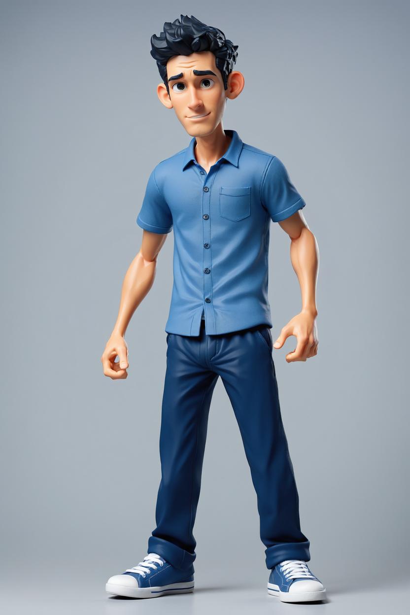 Artificial Intelligence (AI) generated image art, man, stylized action figure, exaggerated cartoon proportions, oversized head, athletic frame, shorter torso and limbs, sculpted plastic form. Inspired by Disney Infinity or Amiibo, realistic clothing textures, clear facial detail, simplified toy-like anatomy, no visible joints, seamless limbs. Full relaxed standing pose, including feet. Plain untucked dark blue button-up shirt, no patterns or textures, smooth fabric, worn open over white T-shirt, dark blue pants, white sneakers. Neutral grey background, light from the right.