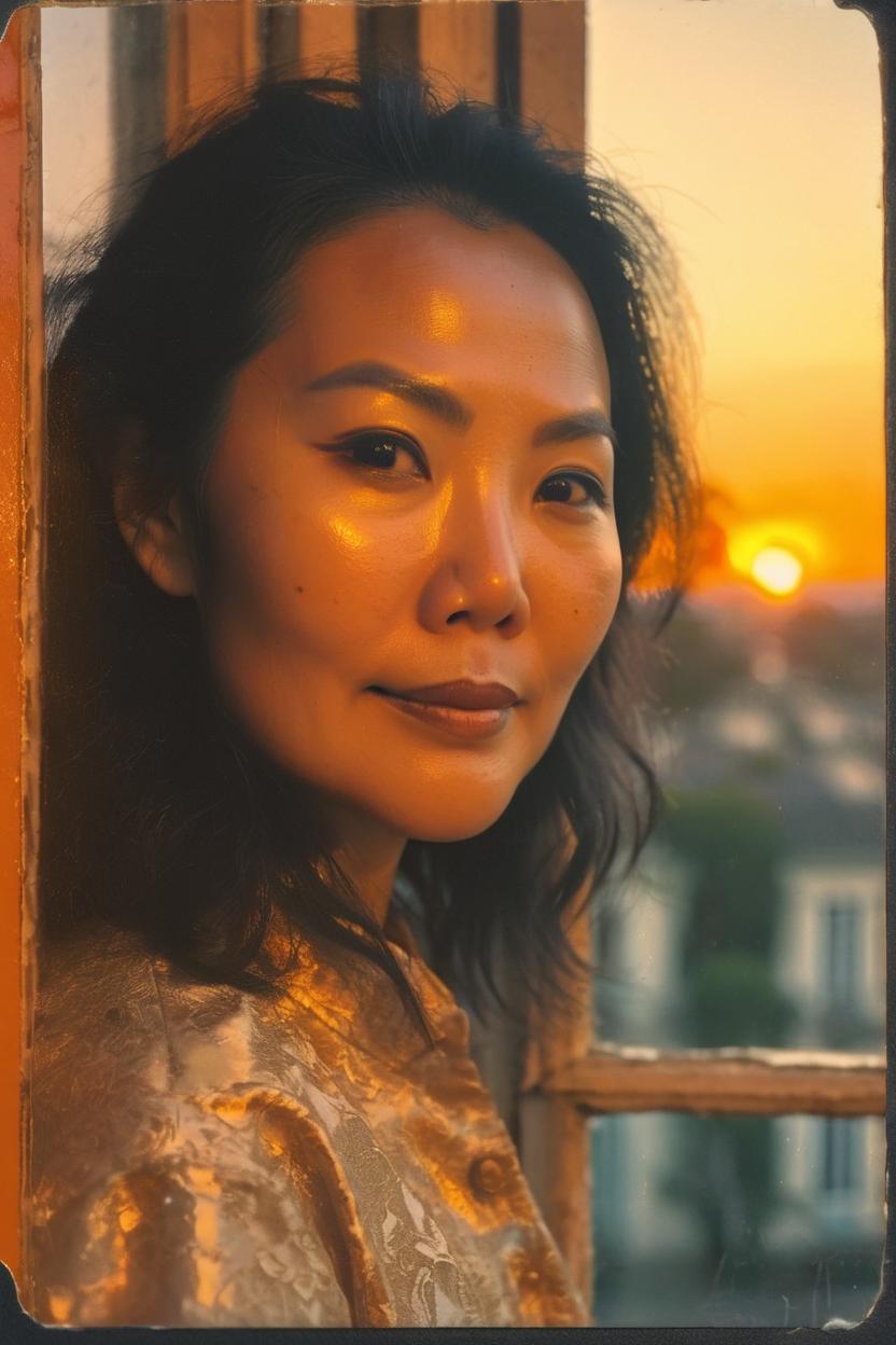 Artificial Intelligence (AI) generated image art, woman, portrait, old polaroid photo, golden hour, small old window with sunset, bathed in orange light, (highly detailed and natural eyes) dreamy and gloomy atmosphere, detailed face, highly detailed, 8k