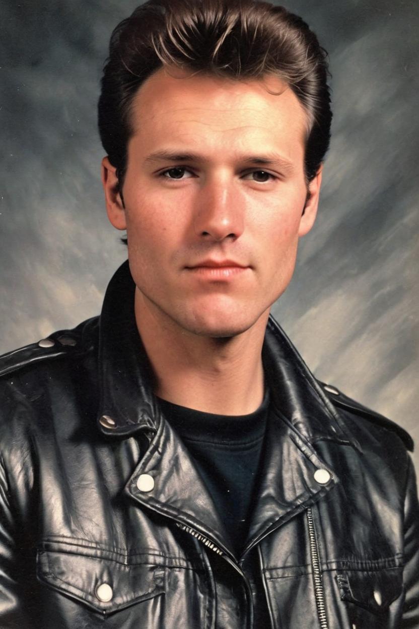 Artificial Intelligence (AI) generated image art, man, 80s yearbook photo, vintage, as the bad boy in leather jacket and slick hair