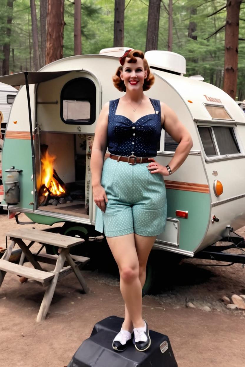 Artificial Intelligence (AI) generated image art, woman, as a 1950s pin up girl with a Fit body. Place a vintage teardrop camper in the background at a campsite with a camp fire going