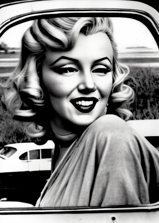Artificial Intelligence (AI) generated image art, ((person)), portrait, Marilyn Monroe style old photo, film grain, in a car, ((person)) skinny women embodiment of Monroe, 1950s era, blonde hair, smirking, (realistic portrait) 1950 style