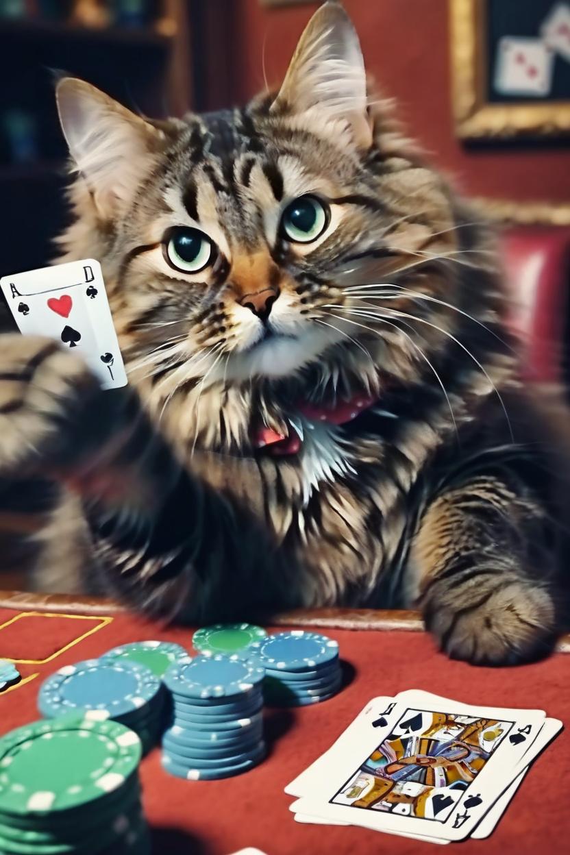 Artificial Intelligence (AI) generated image art, cat, playing poker, casino background, dnd artstyle, colorful, vibrant, fluffy cat, mischievous look on her face while the cards in front of her are the winning hand,