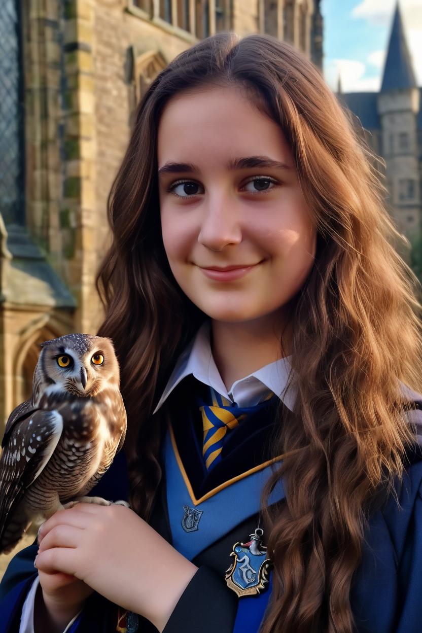 Artificial Intelligence (AI) generated image art, woman as a beatiful ravenclaw student, (portrait, not too large), in hogwarts school background, brown wavy hair, with a baby owl pet on her shoulder, photorealistic, cinematic lighting, by greg rutkowski