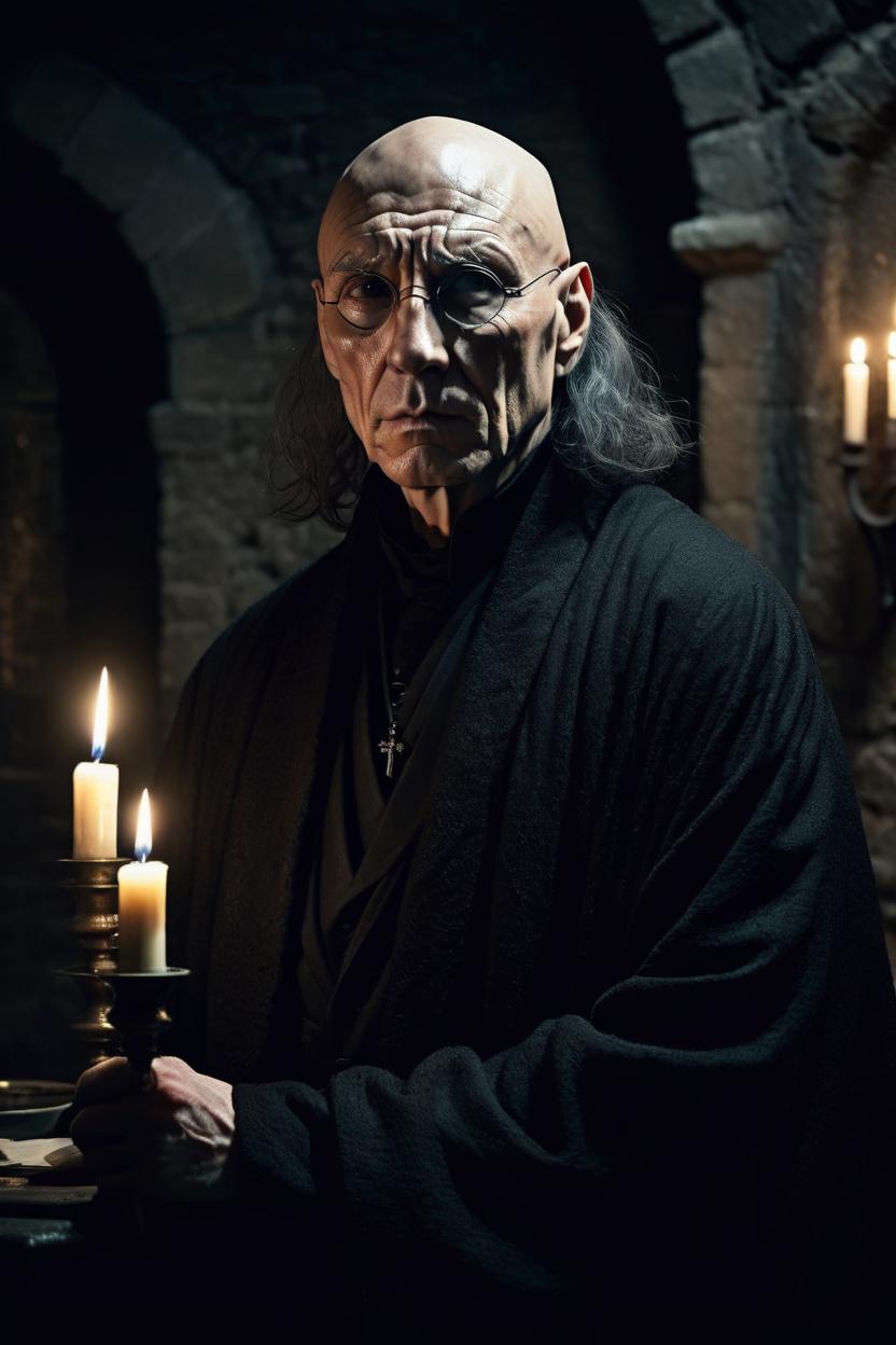Artificial Intelligence (AI) generated image art, man, styled in a dark, brooding, and mysterious theme. The subject is dressed in a high-collared, buttoned black robe with subtle gothic details, resembling the attire of Severus Snape from Harry Potter. The setting is a dimly lit, medieval-style room with stone walls, illuminated by soft, moody light from a flickering candle in the background. The color palette emphasizes black, dark grays, and muted tones to create an intense and dramatic atmosphere. The subject's expression is serious, intellectual, and slightly enigmatic, with deep shadows adding to the mystique. The hair is sleek, dark, and shoulder-length, blending seamlessly into the aesthetic. The overall composition should capture an air of wisdom, mystery, and quiet power."