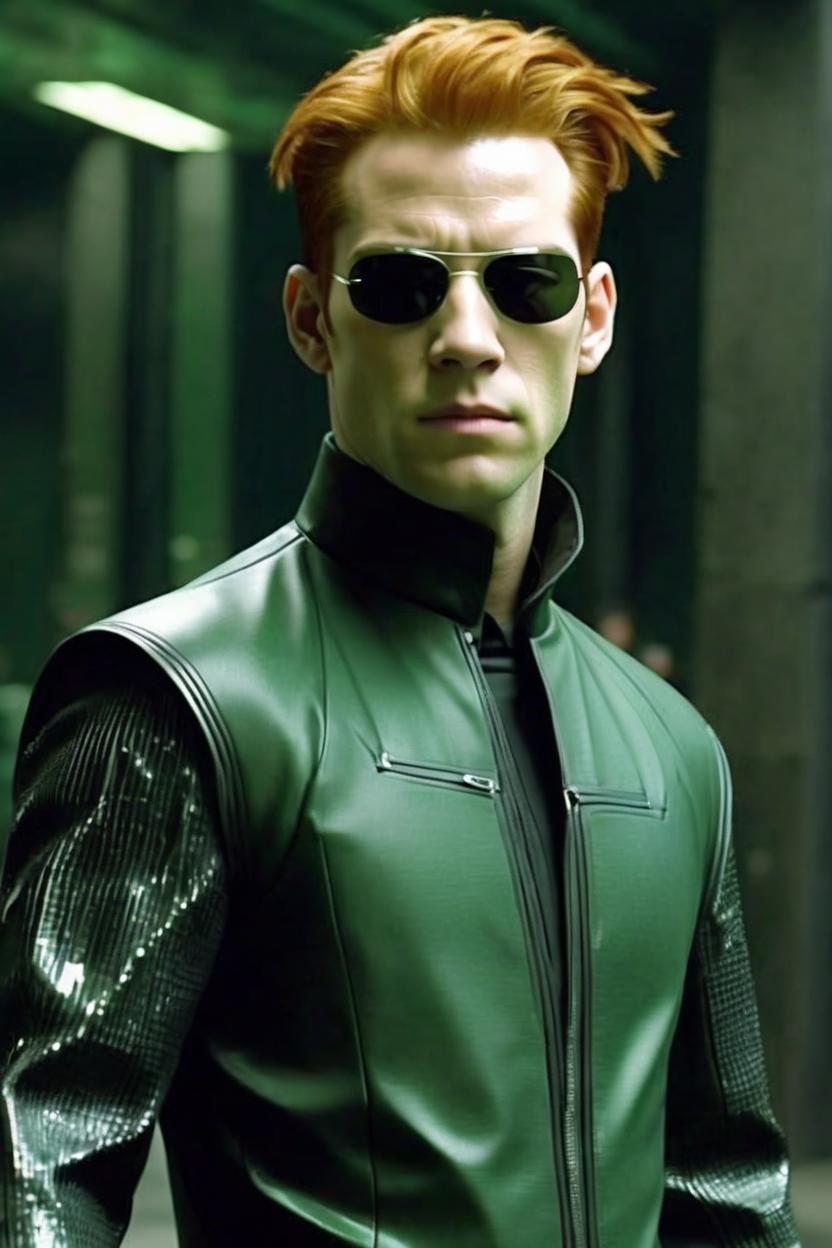 Artificial Intelligence (AI) generated image art, man is neo in the movie the matrix and he’s in the matrix dressed in a futuristic but still works in modern time alter ego outfit. He is ginger hair,He ominously walks alone straight for you, he's walking like he owns the city and is a god.