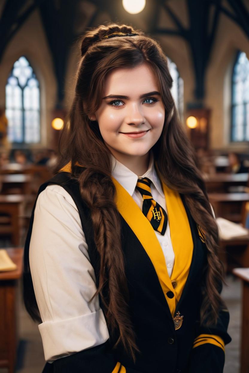 Artificial Intelligence (AI) generated image art, woman as a beautiful hufflepuff student, (potrait), in hogwarts school background, brunette hair, hazel eyes, photorealistic, cinematic lighting, by greg rutkowski