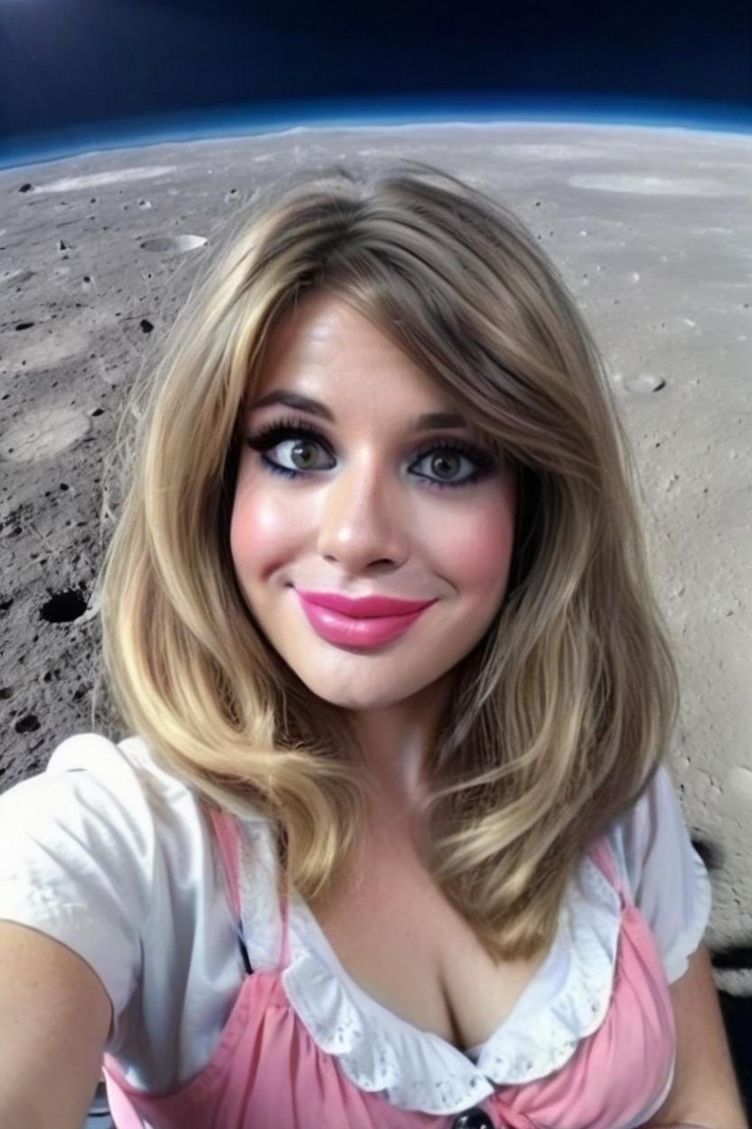 Artificial Intelligence (AI) generated image art, woman takes a feminine selfie on the moon