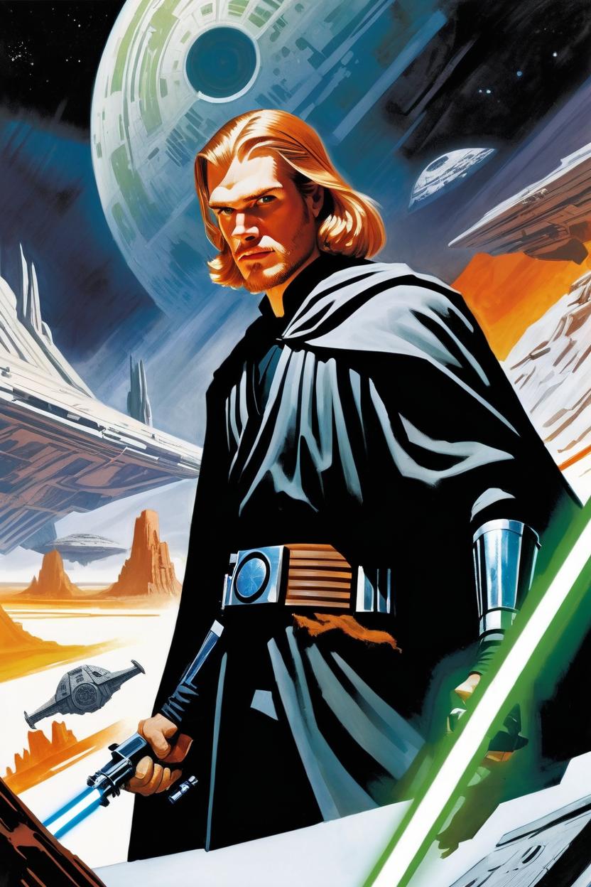Illustrated Jedi with long blond hair and green lightsaber, standing before the Death Star and starships.