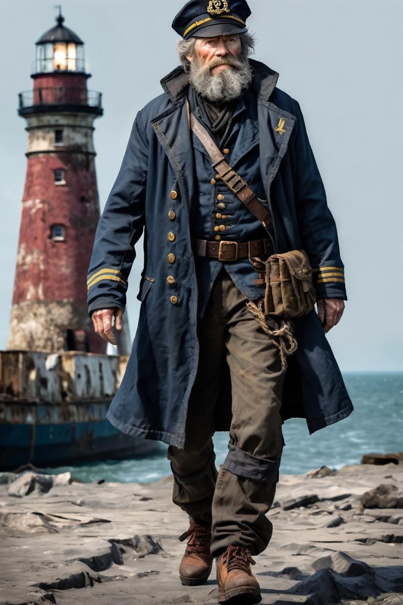 Artificial Intelligence (AI) generated image art, man, (((dnd style character sheet))), ((((Not wearing a jacket)))), (ship captain), ((sailor's clothes)), (old), ((grizzled)), (beard),, lighthouse, ((post apocalypse)), (Captain's hat), (experienced survivor), (((dnd style character sheet))),