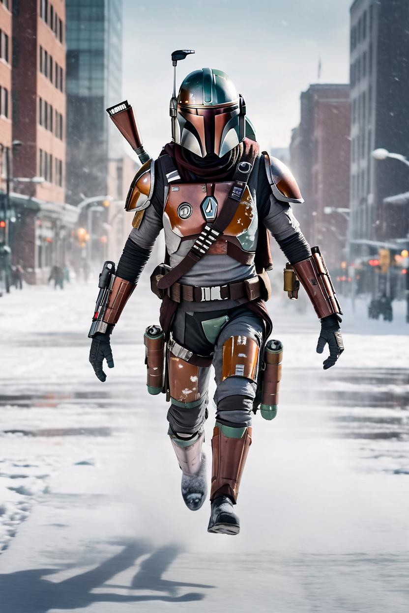 Artificial Intelligence (AI) generated image art, woman, as a mandalorian landing with jetpack thrusters active, full body shot, in the snowy city during the day, cinematic landscape