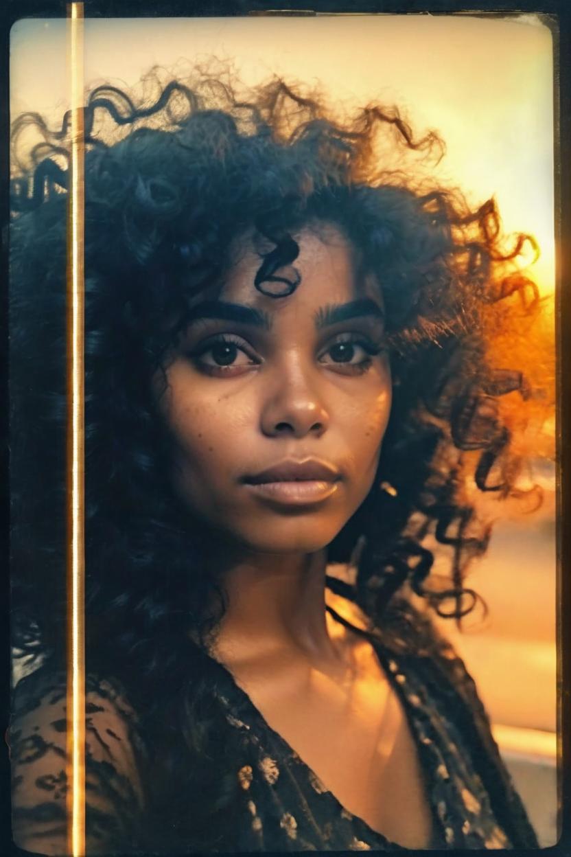 Artificial Intelligence (AI) generated image art, woman, portrait, old Polaroid photo, golden hour, small old window with sunset, bathed in orange light, ( highly detailed and natural eyes) big black small bushy curls in hair, dreamy and gloomy atmosphere, detailed face, highly detailed, 8k