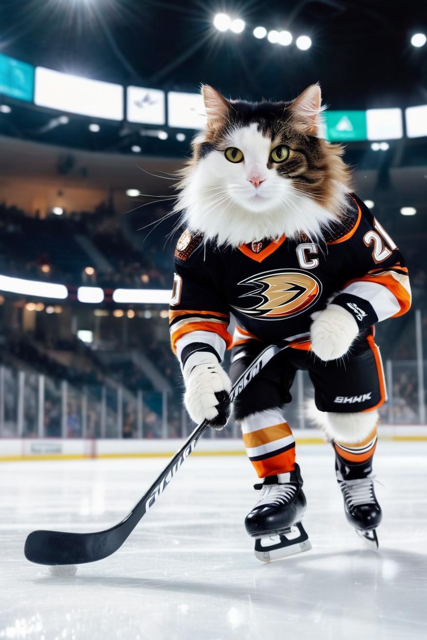 Artificial Intelligence (AI) generated image art, A realistic photo of a cat skating on an ice hockey rink, wearing a full NHL Anaheim Ducks hockey uniform including jersey, helmet, and tiny custom ice skates. The cat is confidently gliding across the ice, controlling a puck with a hockey stick, heading toward the goal to score. The arena lights glow brightly overhead, and the ice reflects the action. The scene feels dynamic, energetic, and inspiring, capturing the intense moment before the cat makes the winning goal.