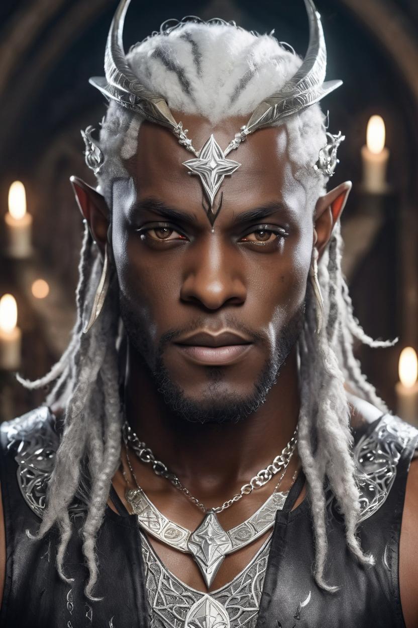 Artificial Intelligence (AI) generated image art, man, "Create a portrait of a dark elf with a regal and powerful presence. The elf has deep brown skin, long white hair, glowing white eyes, and wears a sharp, ornate metallic silver crown with intricate elven designs. Emerging from the crown is a single, elegant silver horn, adding to his mystical and commanding appearance. He is dressed in a sleeveless silver and black tunic with detailed elven embroidery and adorned with layered necklaces featuring star-shaped pendants. His expression is calm yet confident, enhancing his royal and otherworldly aura. The background should be dark, with a subtle ethereal glow that highlights his silver and black attire, the glowing white eyes, and the majestic horn.