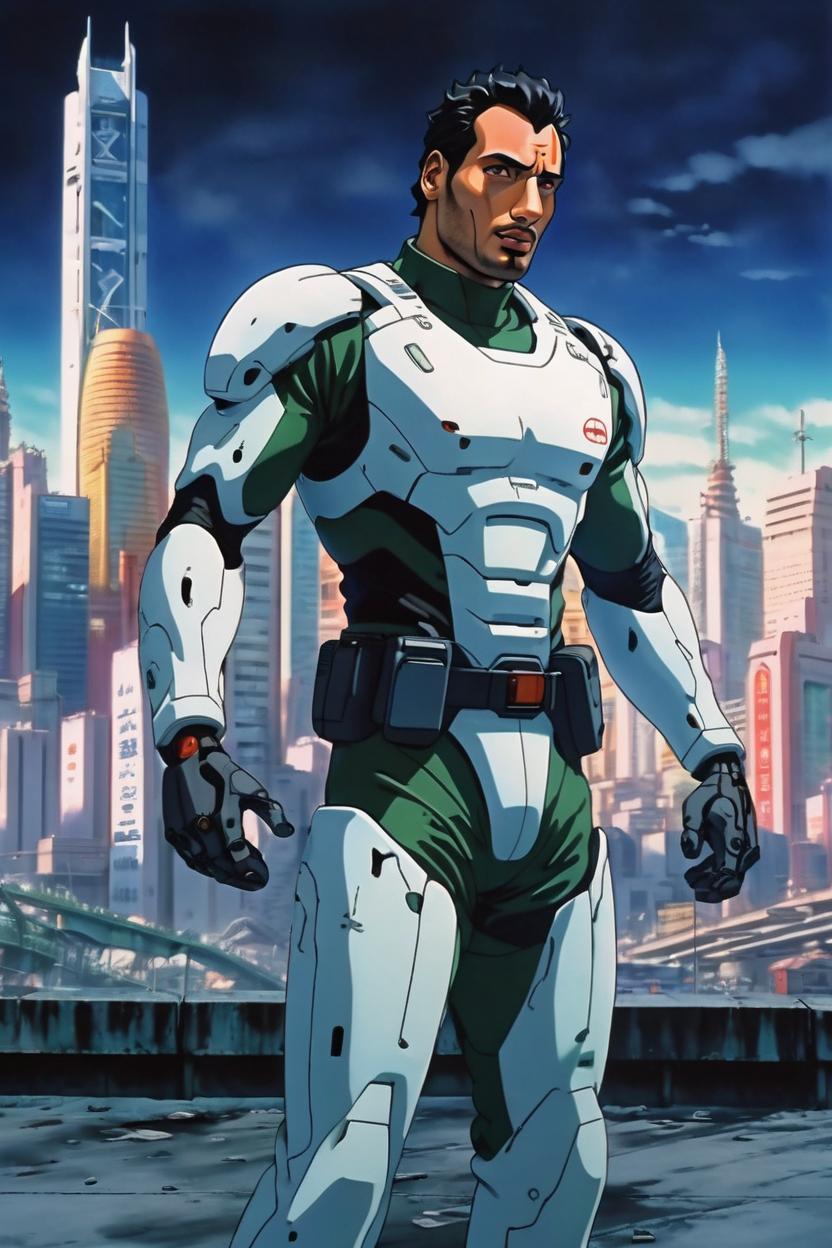 Artificial Intelligence (AI) generated image art, man, (ghost in the shell 1995 anime film), portrait, scifi city landscape,