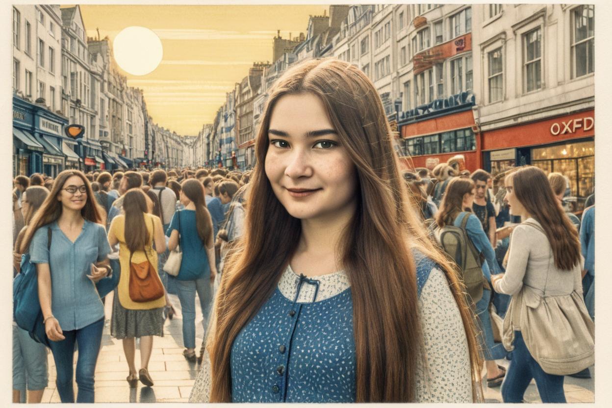 Artificial Intelligence (AI) generated image art, woman, illustration by Maurice Sendak, postcard, summer, artistic, lens flair, soft light, romantic, Oxford Circus, long hair, very detailed, naive artwork
