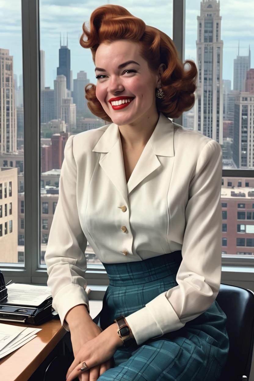 Artificial Intelligence (AI) generated image art, woman, 1950 photograph, vintage, photorealistic, sitting in an office in a high-rise building in Chicago with big windows and tall buildings in the background, art by artgerm, contra, smile, 1950s clothing, in the style of the Mad Men TV show