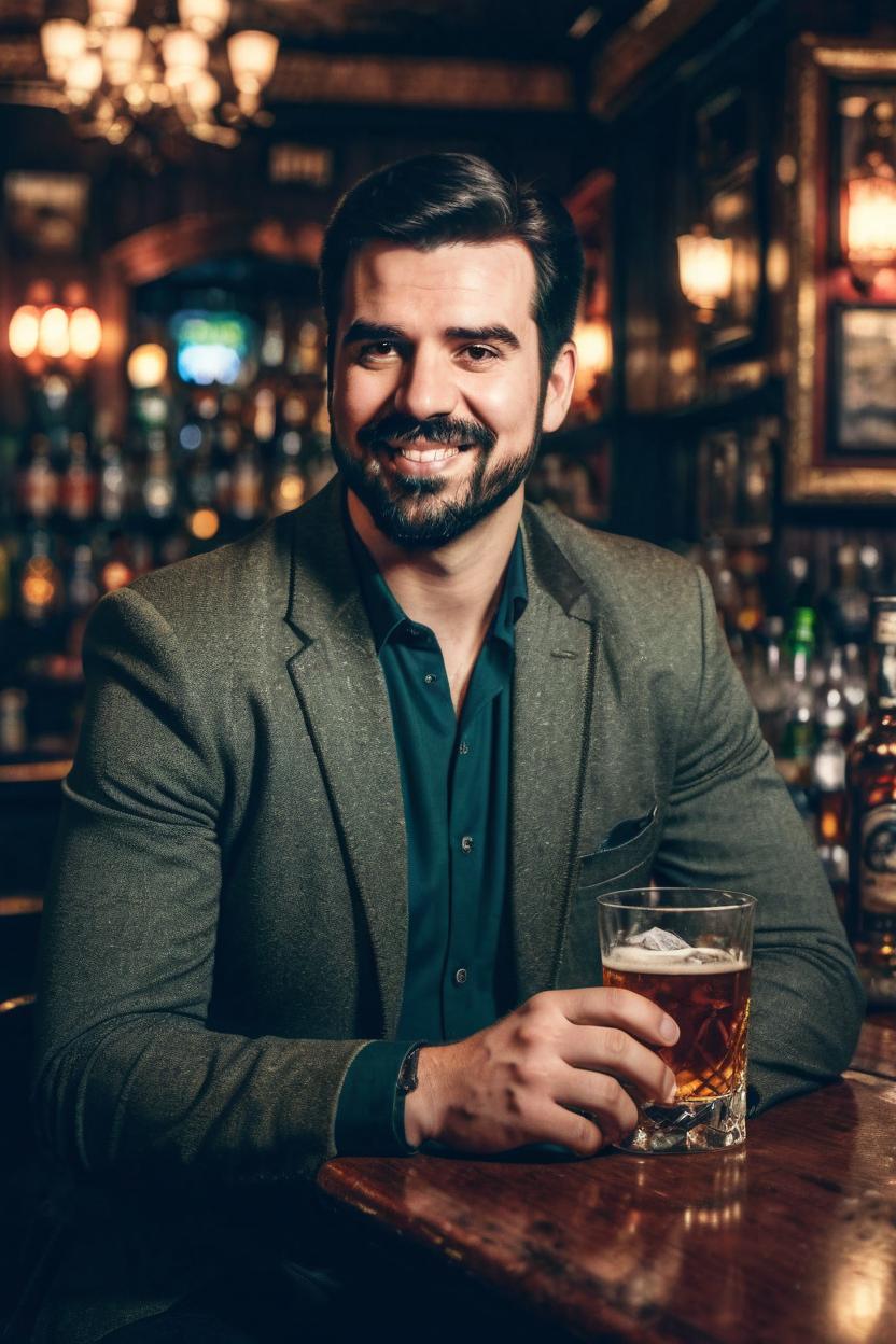 Artificial Intelligence (AI) generated image art, man, man, (bachelor), glass of bourbon, (sits in a bar), (an Irish pub in the background), incredible detail, highly detailed, composition, ultra-detailed, film photography, light leaks, trending on artstation, sharp focus, studio photo
