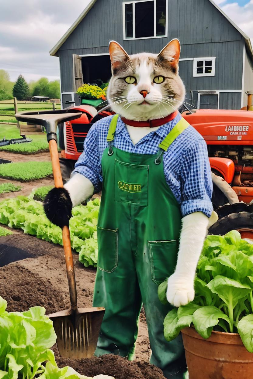 Artificial Intelligence (AI) generated image art, cat, Realistic, anthropomorphic gardener, working on the farm