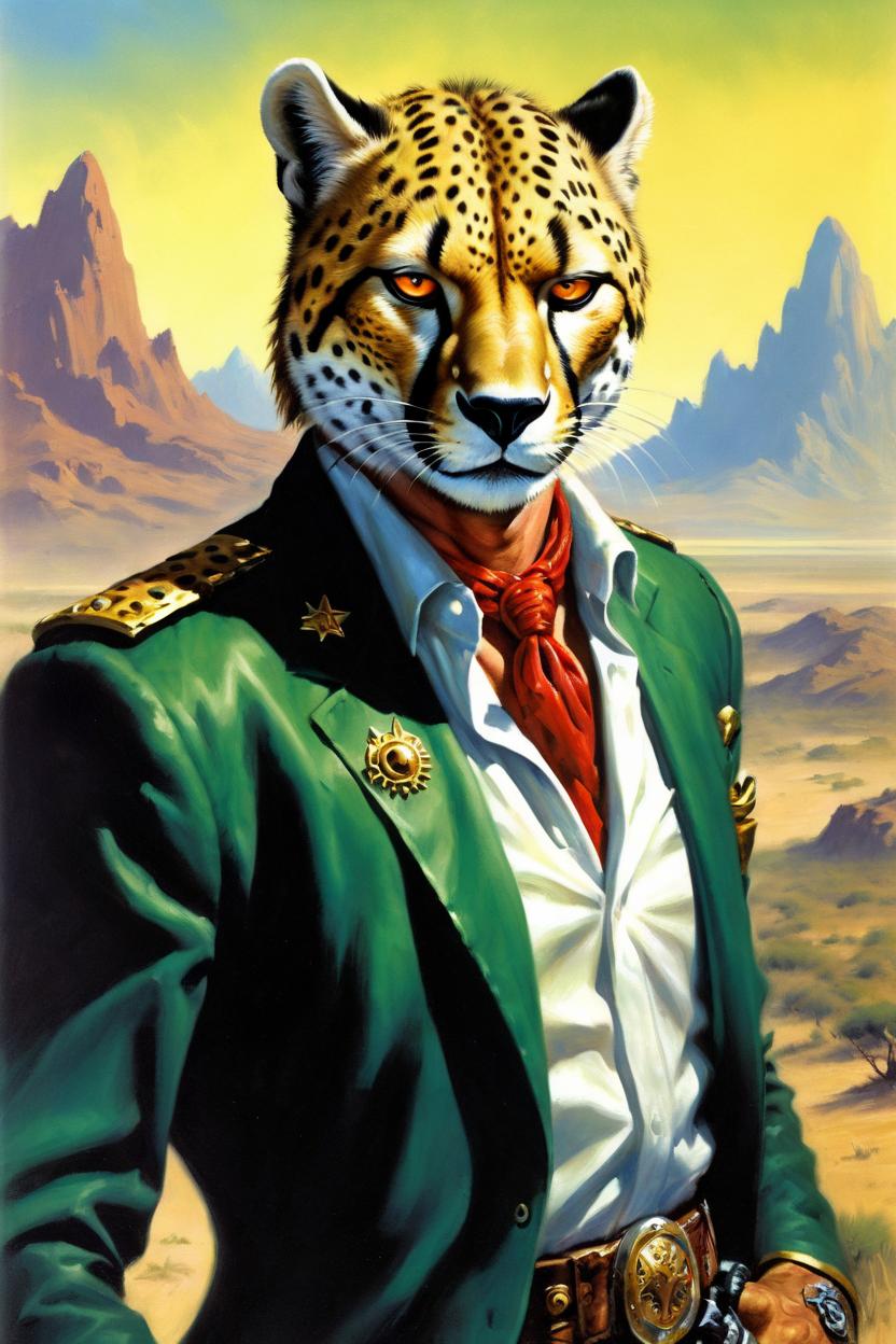 Artificial Intelligence (AI) generated image art, (classic fantasy pulp book cover art), (man) as fantasy tabaxi cheetah man, dnd tabaxi, illustration, art by Boris Vallejo, 80s fantasy art, portrait, landscape