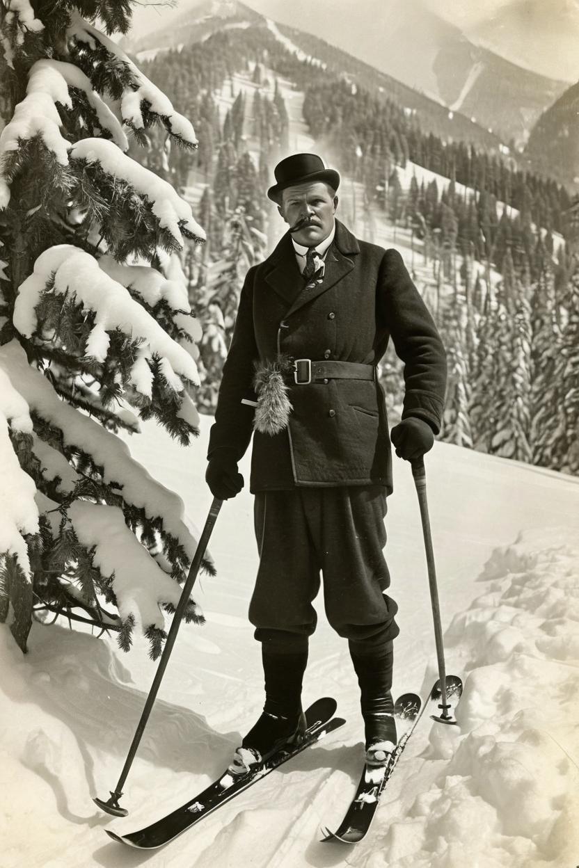 Artificial Intelligence (AI) generated image art, man, old timey photo, skiing, 1920's, snow, cold, mountains, trees, old skis, 1920's outfit, smoking a pipe