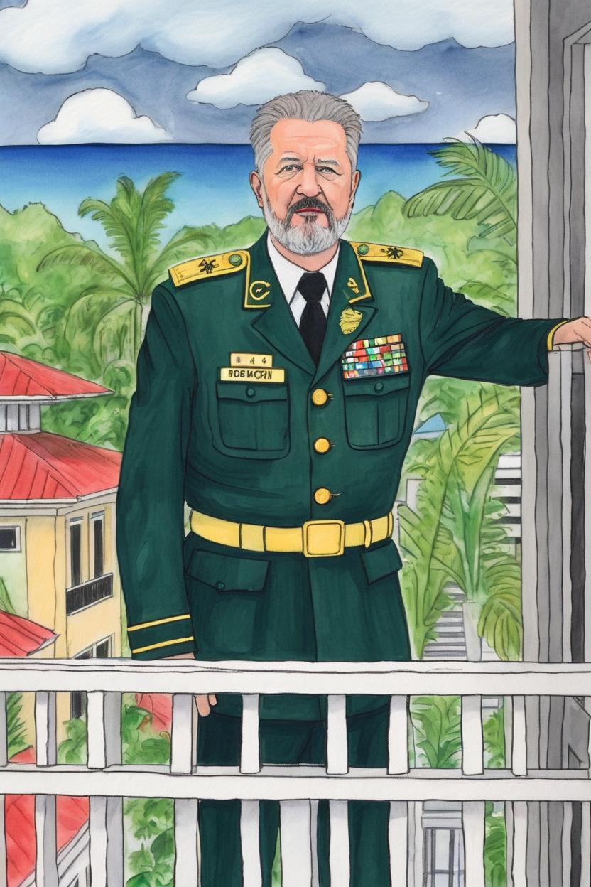 Artificial Intelligence (AI) generated image art, man, as tropical dictator, art by greg rutkowski, in uniform, on a balcony, security guards around him