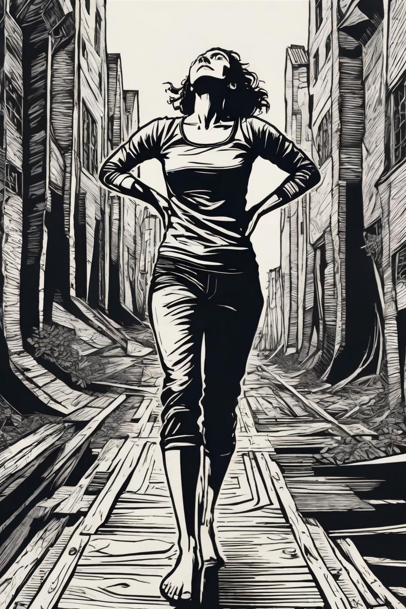 Artificial Intelligence (AI) generated image art, A dynamic (((fullbody view))) of woman (small empty area above head) in a expressive woodcut in the style of Ernst Barlach