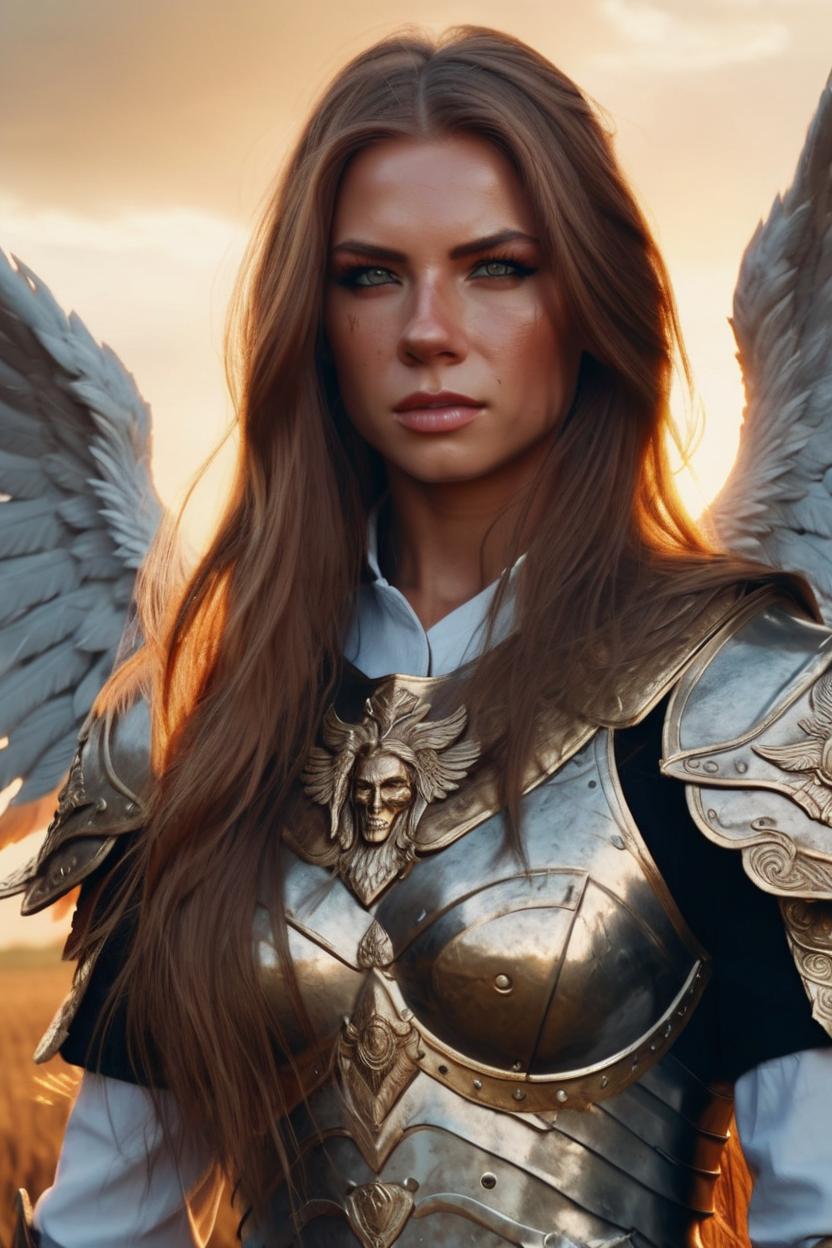 Artificial Intelligence (AI) generated image art, woman, beautiful portrait as angel warrior, epic scene on battle field, long hair, high grain art style, fantasy book character, cinematic, retro, highly detailed, 4k