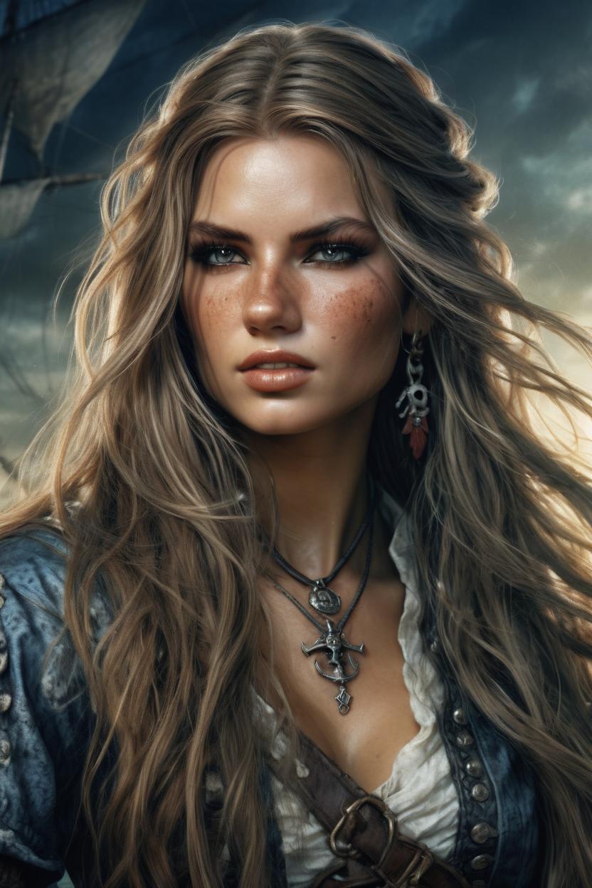 Artificial Intelligence (AI) generated image art, A detailed portrait of woman in Luis Royo fantasy style as a character from Pirates of the Caribbean. Very beautiful and striking female pirate, stunningly gorgeous, cinematic, very detailed and hyper-realistic image, very long hair with soft waves, 8K resolution, advanced lithographic style, advanced film grain, advanced volumetric lithographic effects with stone wash, against a texture suggesting maritime motifs such as coasts, harbours or antique ships, highest quality.