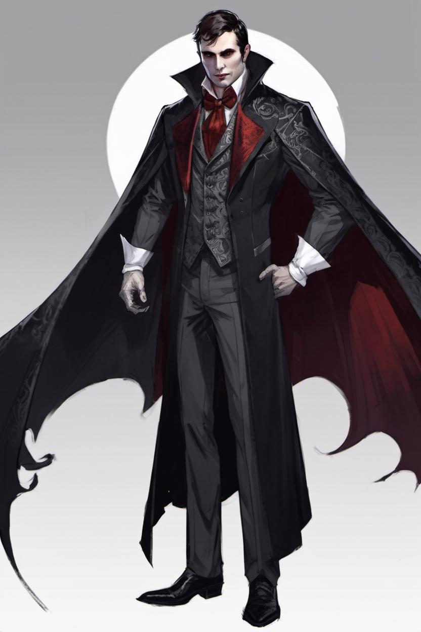Artificial Intelligence (AI) generated image art, man, vampire, high collard cape, fancy suit, concept art