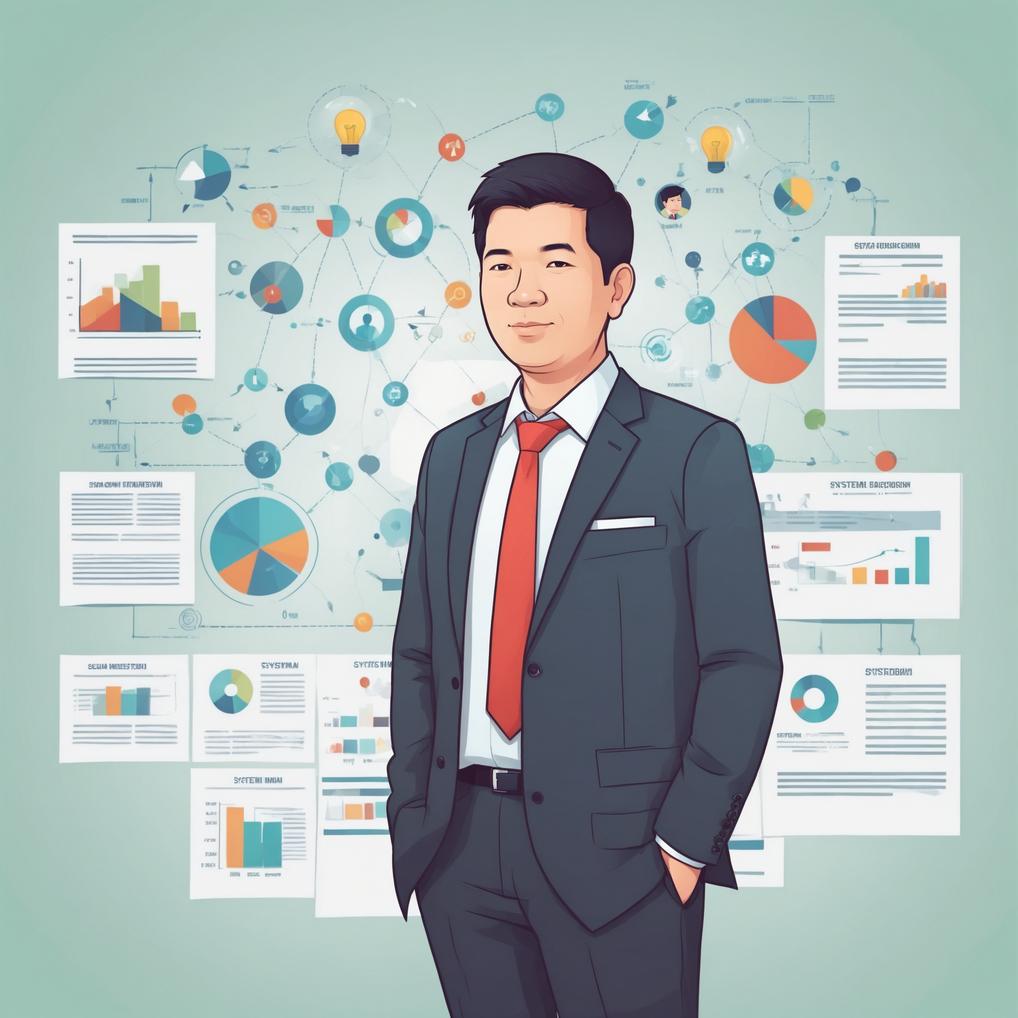 Artificial Intelligence (AI) generated image art, man, system diagram background, business man, cartoon
