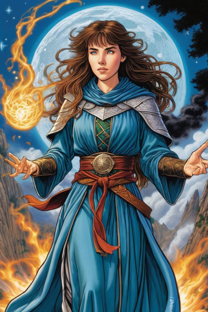 Artificial Intelligence (AI) generated image art, woman, manga concept, ink and colored pencil drawing, Larry Elmore, dragonlance cover art, as Frieren the mage, HIGHLY DETAILED, casting a spell, floating in the air, wearing  wizard robes, in a magical battle