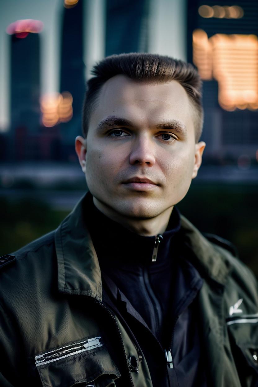Artificial Intelligence (AI) generated image art, man, man, photo, profile and torso photo portrait, corporate, official and professional, in a dark long-sleeve turtleneck in black field jacket on the background of the polish urban city park and skyscrapers, highly detailed, 8k, cinematic lighting, dramatic side light, ultra high definition, professional photography style, photorealistic, ultra realistic