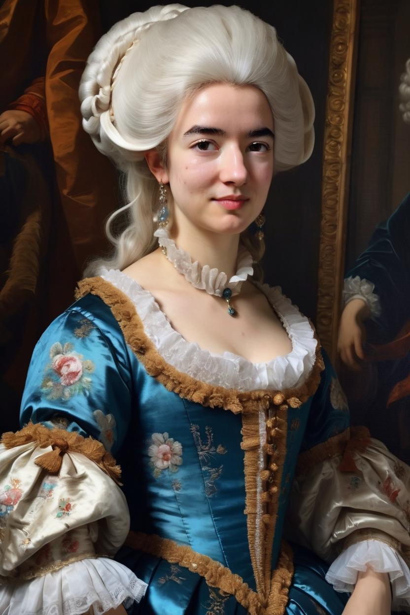 Artificial Intelligence (AI) generated image art, woman, as marie antoinette, with big, white 18th century wig, on a royal portrait in traditional painting style, wearing 17th century a richly decorated dress, baroque masterpiece by anton van dyck