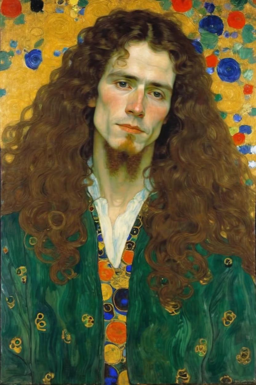 Artificial Intelligence (AI) generated image art, man, long hair, portrait, (painting by Gustav Klimt)