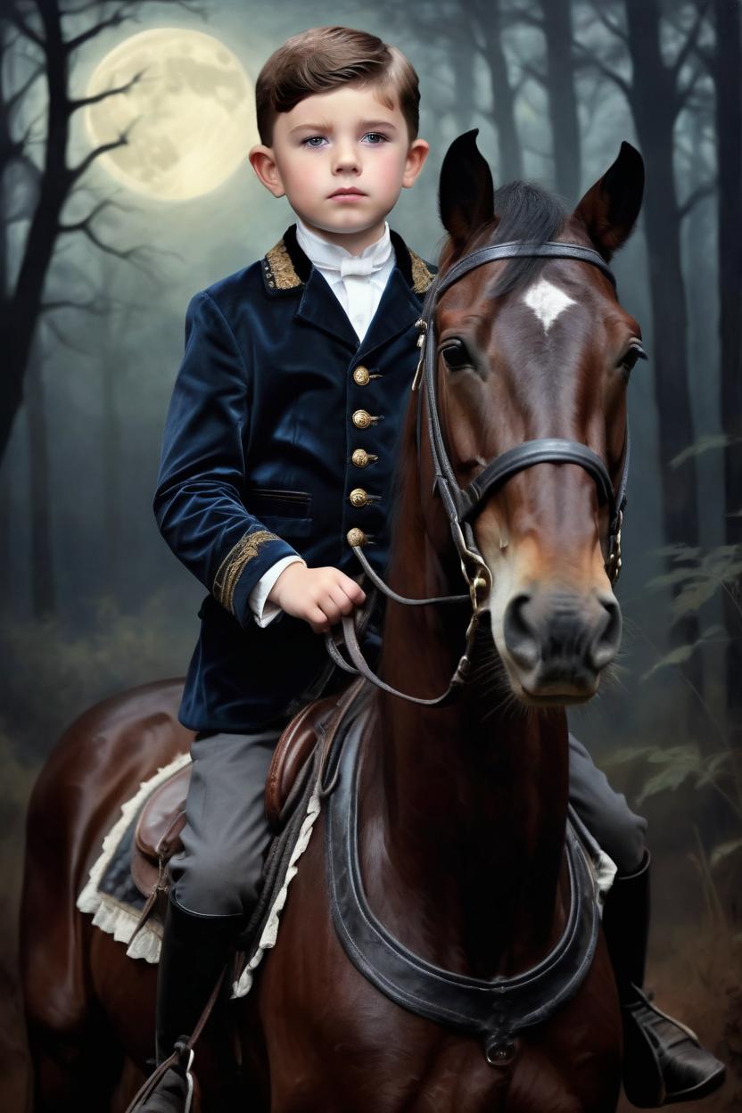 Artificial Intelligence (AI) generated image art, man (Young English royal boy) (Victorian Era) (dark brown hair) ((dark BROWN detailed eyes with long lashes)) (brown velvet riding attire) (riding a horse) (deep dark forest moonlit foggy) (oil painting portrait) (face of selected model) (no nose altering)