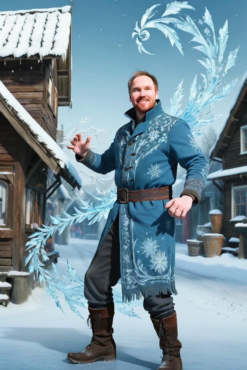 Artificial Intelligence (AI) generated image art, man, (intricate Frozen poster), extremely detailed of a beautiful human character, illustration, sharp focus, dancing outside in a winter village