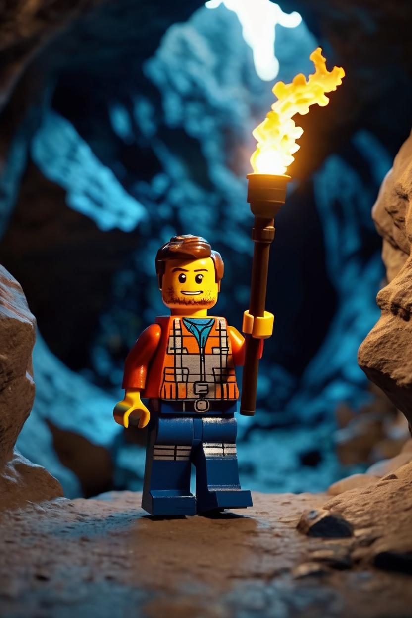 Artificial Intelligence (AI) generated image art, man, as a Lego figurine, with a torch exploring a cave, cinematic beautiful lighting, hyper realistic, 8k, extremely detailed, sharp focus,