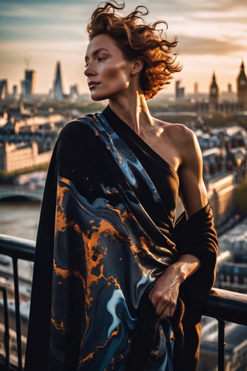 Artificial Intelligence (AI) generated image art, woman, portrait, sunset in background in London, Vogue style photo shoot, beautiful male body silhouette, Athletic Physique, beautiful portrait, photography by amy leibowitz and filip fedorov, black blanket in wind, urban city photography, close up portrait, cinematic still, film still, magic hour, warm mood, fashion portrait, warm colors, sony, kodak, long exposure, art noveau painting, liquid marble fluid painting